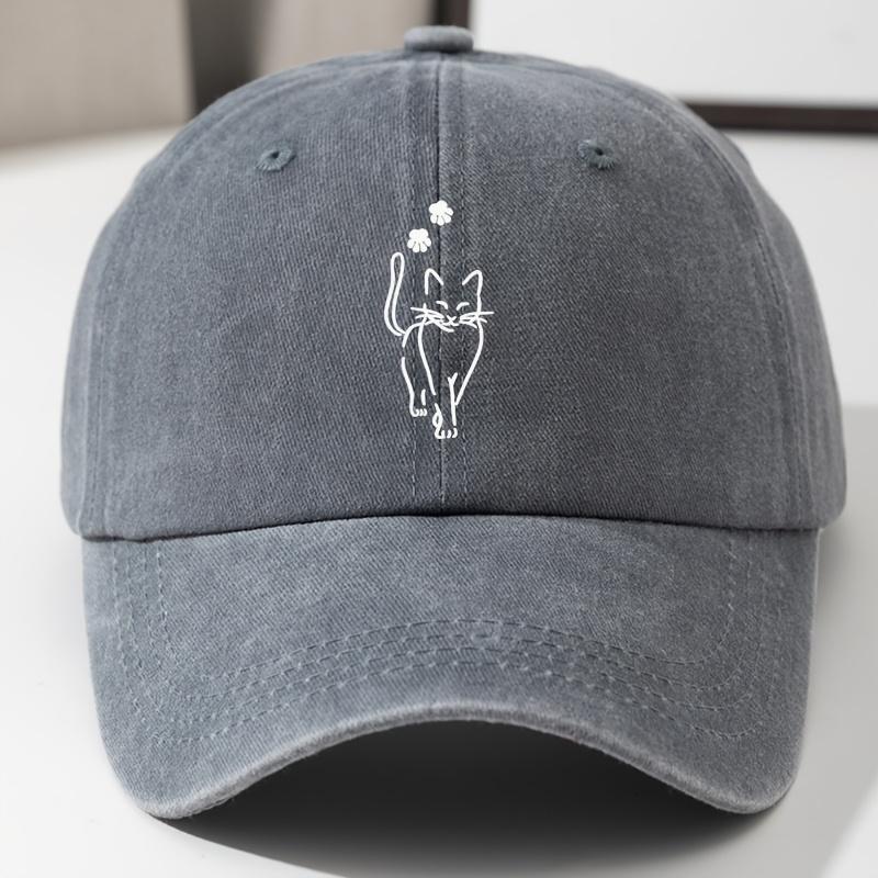 Cute cat printed baseball cap, retro washed denim curved hip hop hat, adjustable outdoor travel hat
