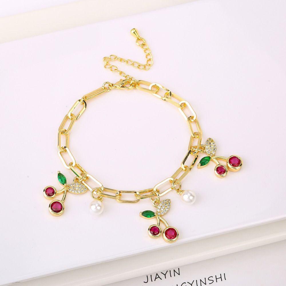 Fruit Cherry Charm Bracelet Gold Plated Metal Bracelet New Design Cherry Pearl Bracelet  Party