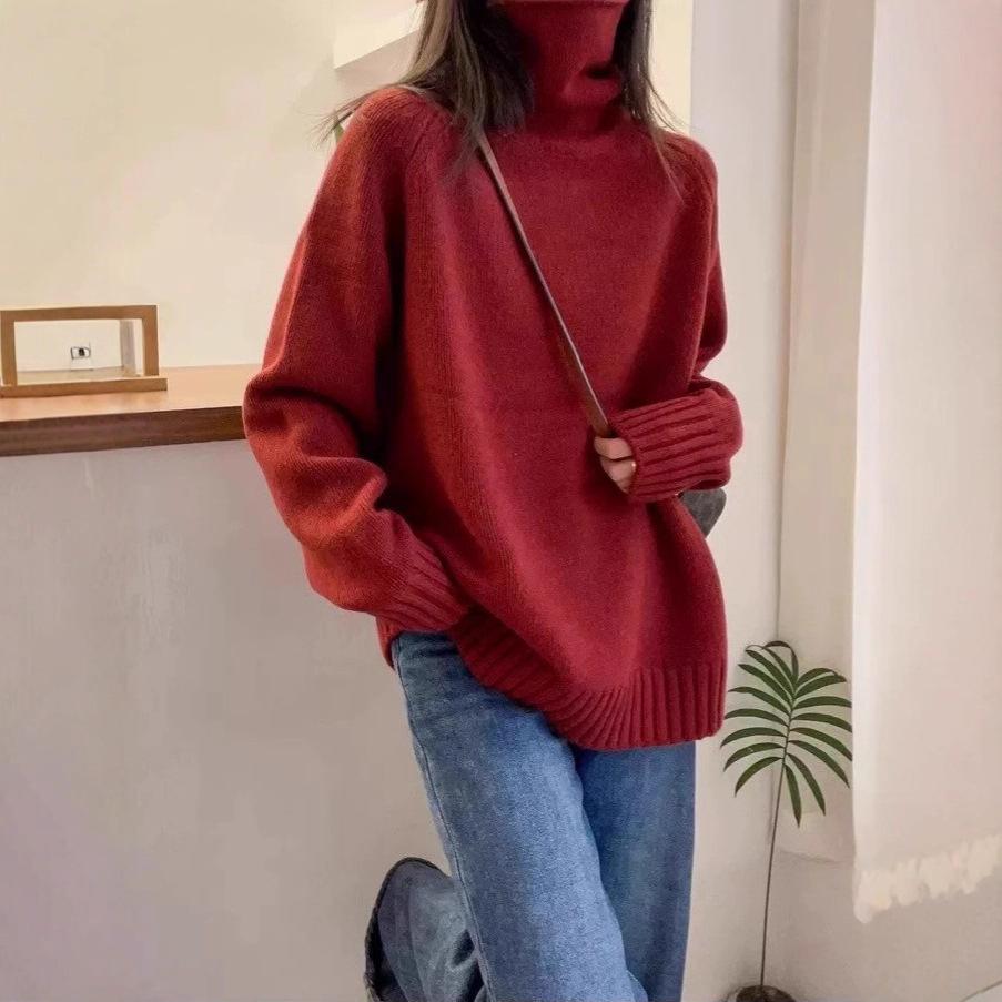 Autumn and Winter New Turtleneck Sweater Women's Loose Thick Curling Heap Collar Lazy Soft Waxy Knitted Sweater Top