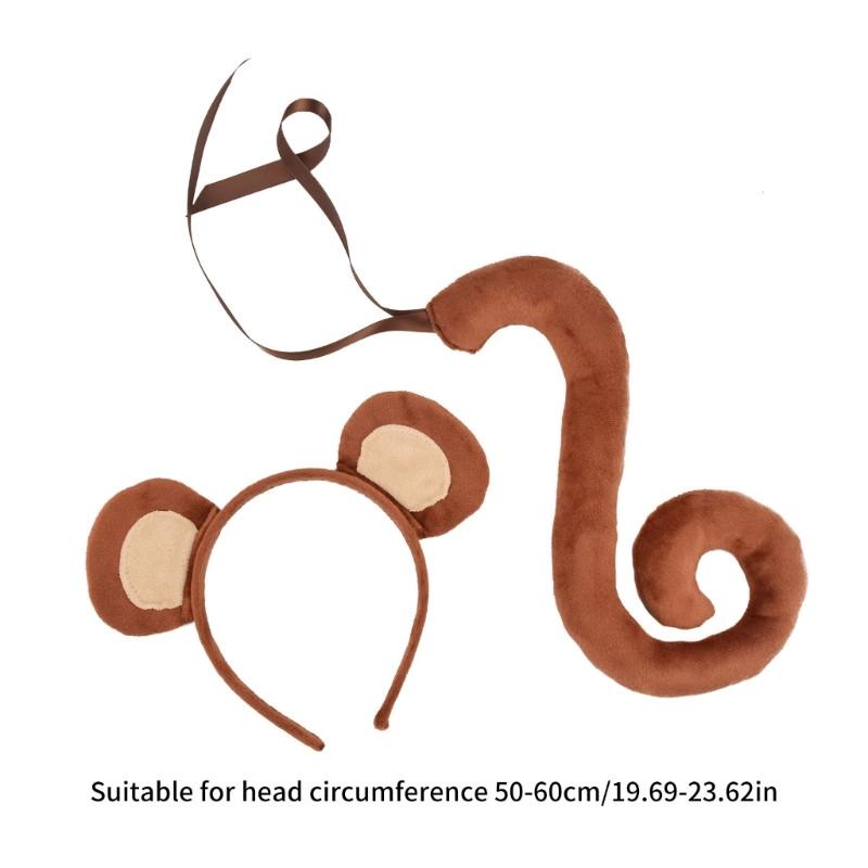 Adults Kids Plush Monkey Ear Headband Tail Tie Animal set for Gift Birthday Party Cosplay Costume Christmas Halloween Headwear