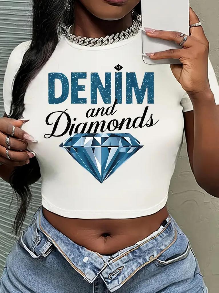 European and American Summer New Round Neck Pullover Short Sleeve Letter Multi-picture Printing Off the Navel European and American Women's Top T-shir