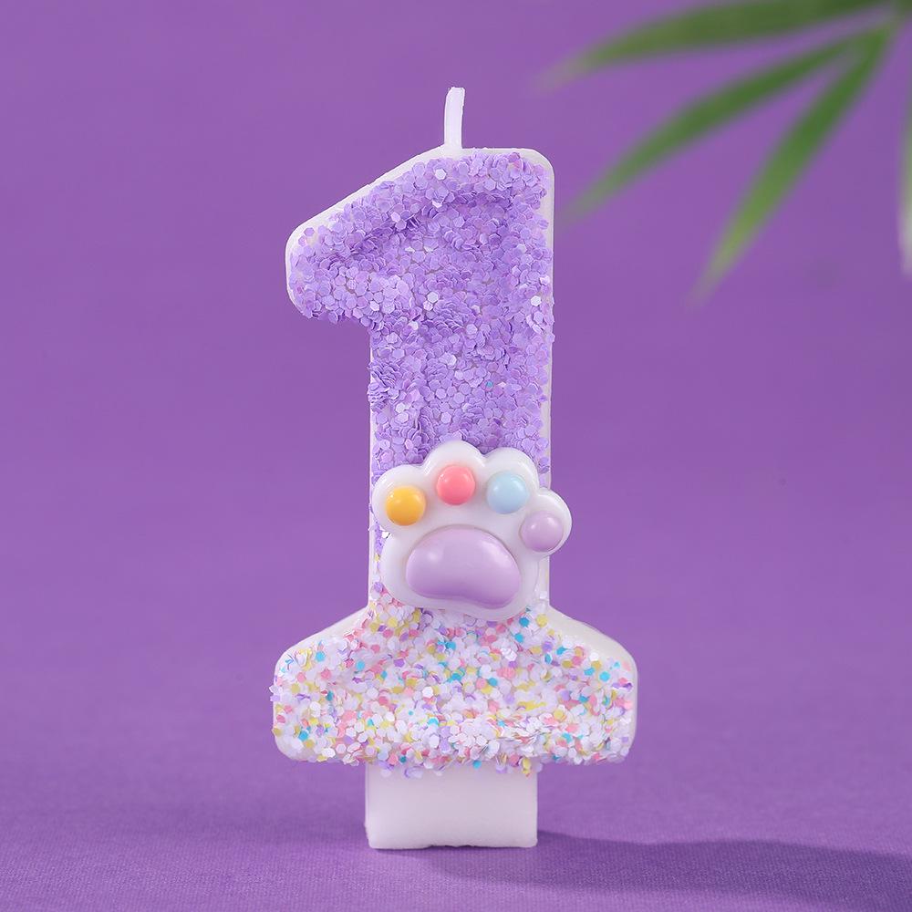 Dreamy Purple Gradient Cat Paw Number Candles - Creative Cartoon Cake Decorations