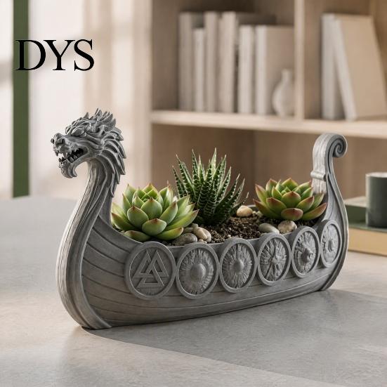 Modern Home Garden Decor Viking Longship Planter Pot, Dragon Boat Indoor Plant Holder for Cacti Creative Resin Air Plants, Rustic Nordic Ship