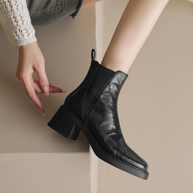 Autumn Vintage Thick Heel Women Ankle Boots Fashion Slip On Shoes Ladies Elegant Square Toe Mordern Short Booties