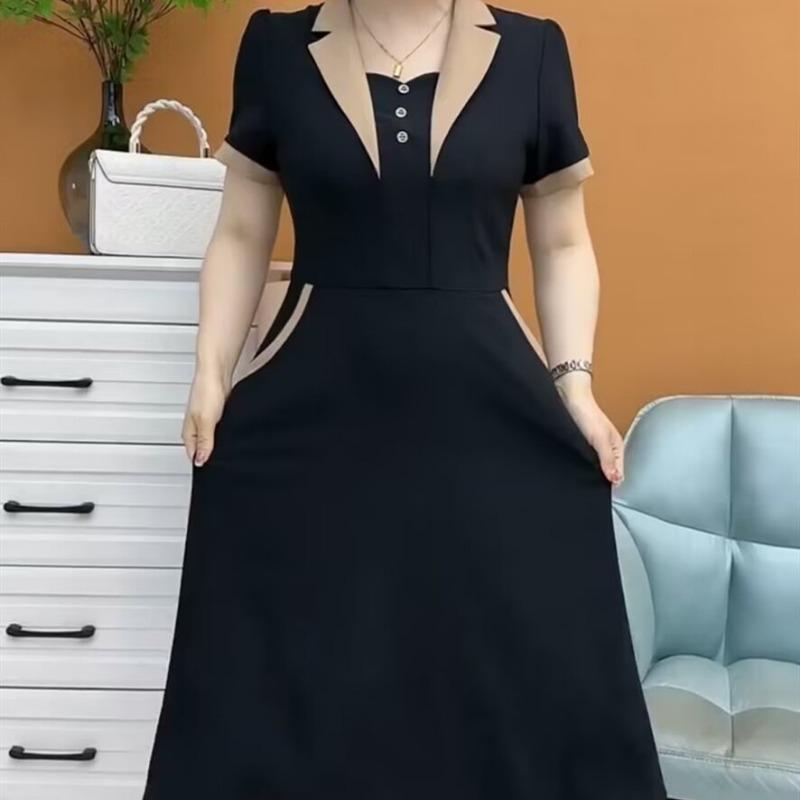 YYFS Women's Fashion Summer Spring Solid Color Print Short Sleeve POLO Neck High Waist Casual Dresses