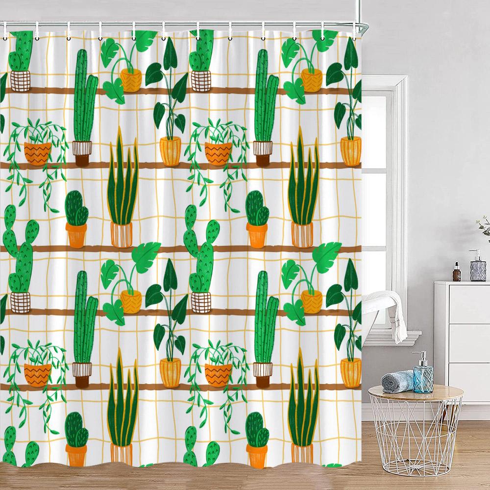 Grüne Topfpflanzen Duschvorhänge Cartoon Katzen Hängende Tropische Blätter Dekorationen Für Bad Polyestergewebe Badezimmervorhang