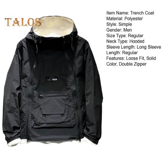 Men Trench Coat Hooded Drawstring Long Sleeve Double Zipper Cargo Tops Solid Color Large Pocket Street Style Outwear