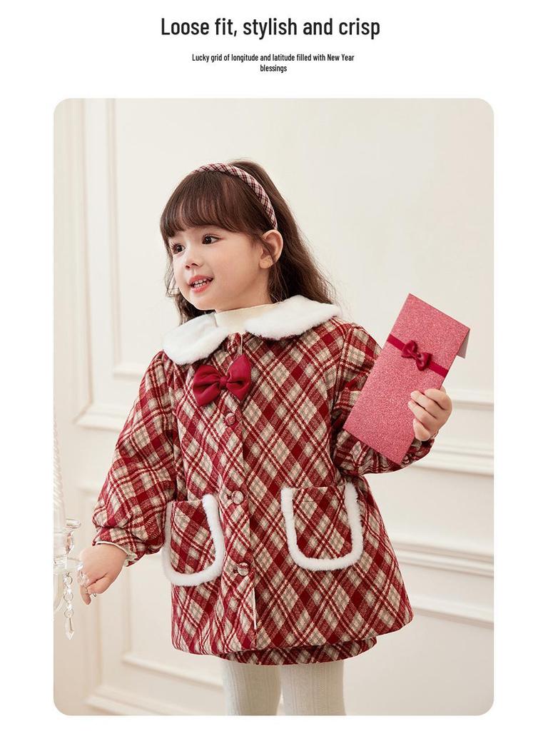 Girls' Red Woolen Jacket - Stylish Autumn/Winter Coat with Plus Velvet for Children