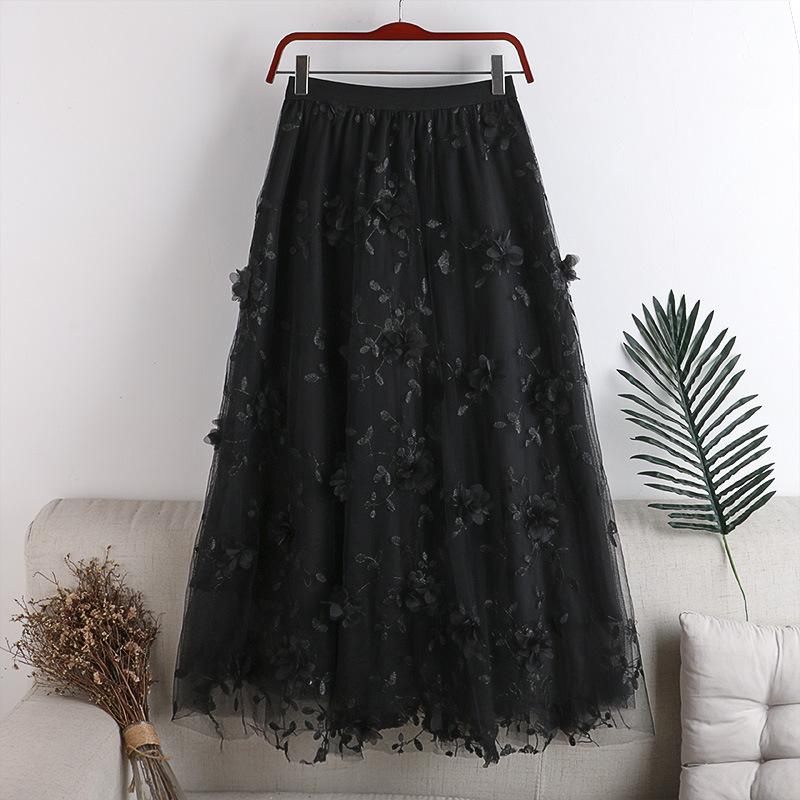 Gonne elasticizzate in stile coreano da donna con ricami floreali in rete, gonne lunghe in garza da ballo, gonne di media lunghezza