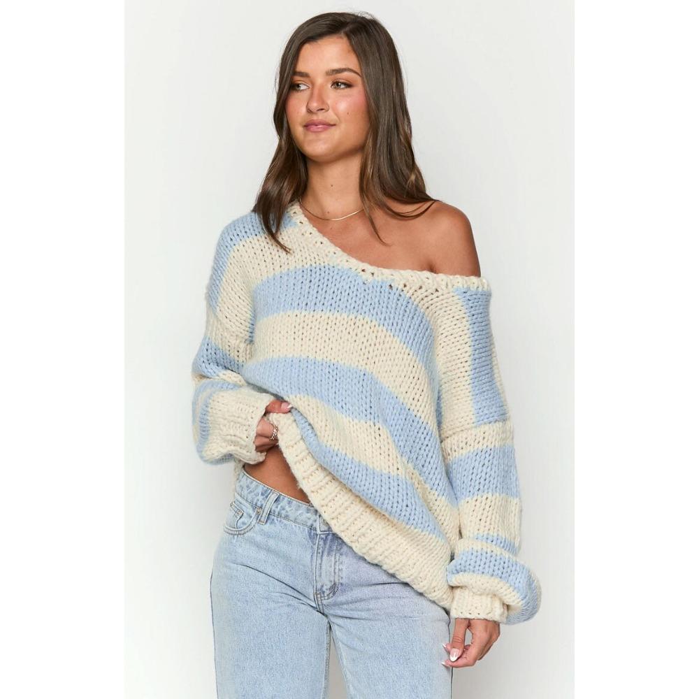 Women s Off Shoulder Long Sleeve Knit Sweater Oversized Sweet Casual Striped Pullover Top S