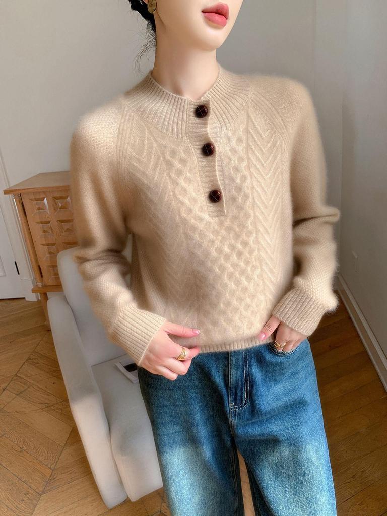 Women's Thickened Cashmere Sweater - Half-High Collar, Half-Button Cable Knit, Loose & Slimming Design