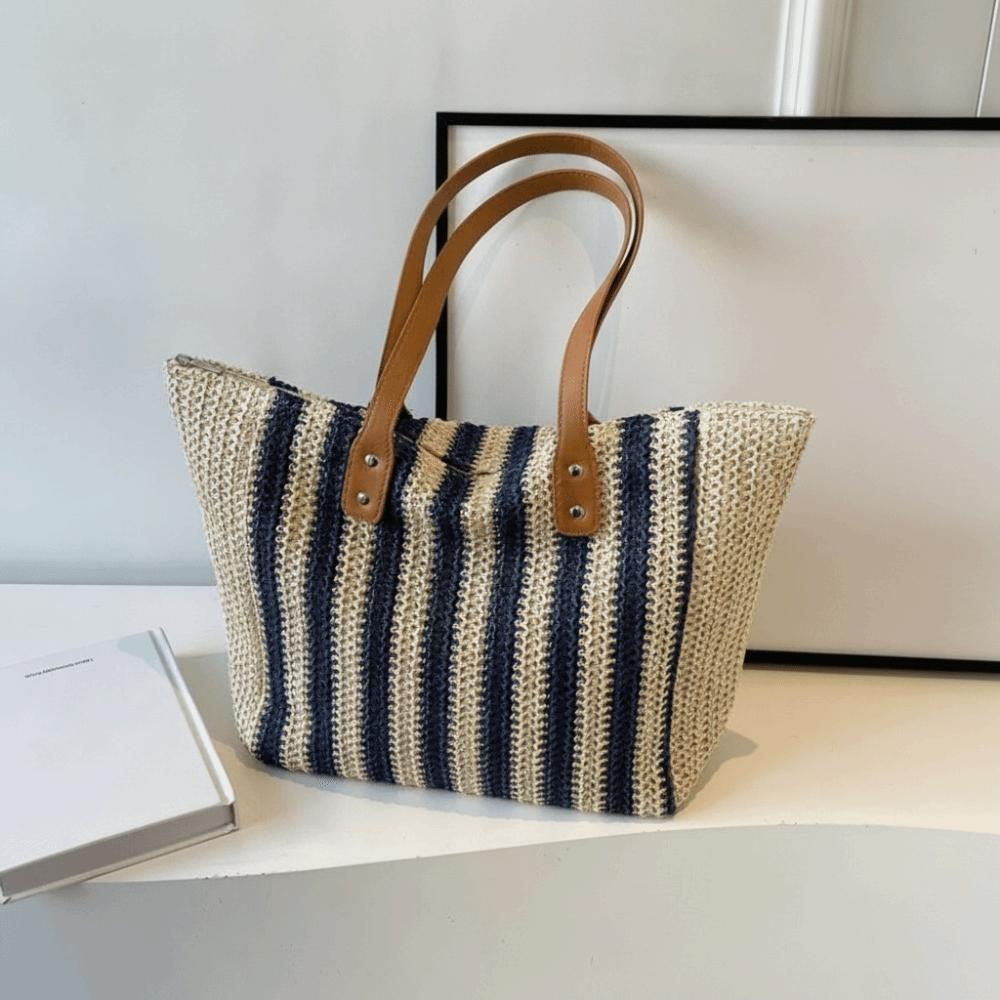 Striped Straw Shoulder Bag Bohemian Women Shopping Handbag Portable Weave Tote Bag Girl
