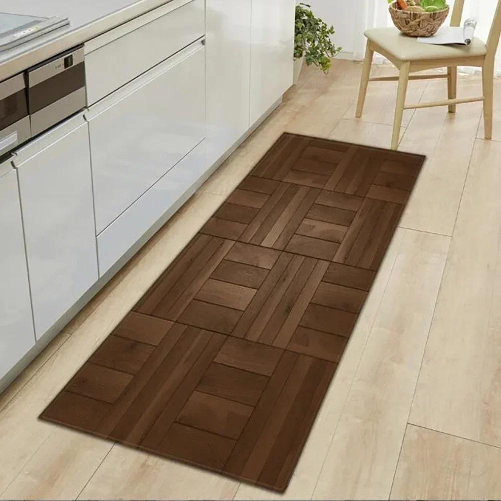 Wood Pattern Anti-Slip Kitchen Mat Absorbent Floor Rug for Bedroom Living Room Hallway Balcony Entrance Doormat