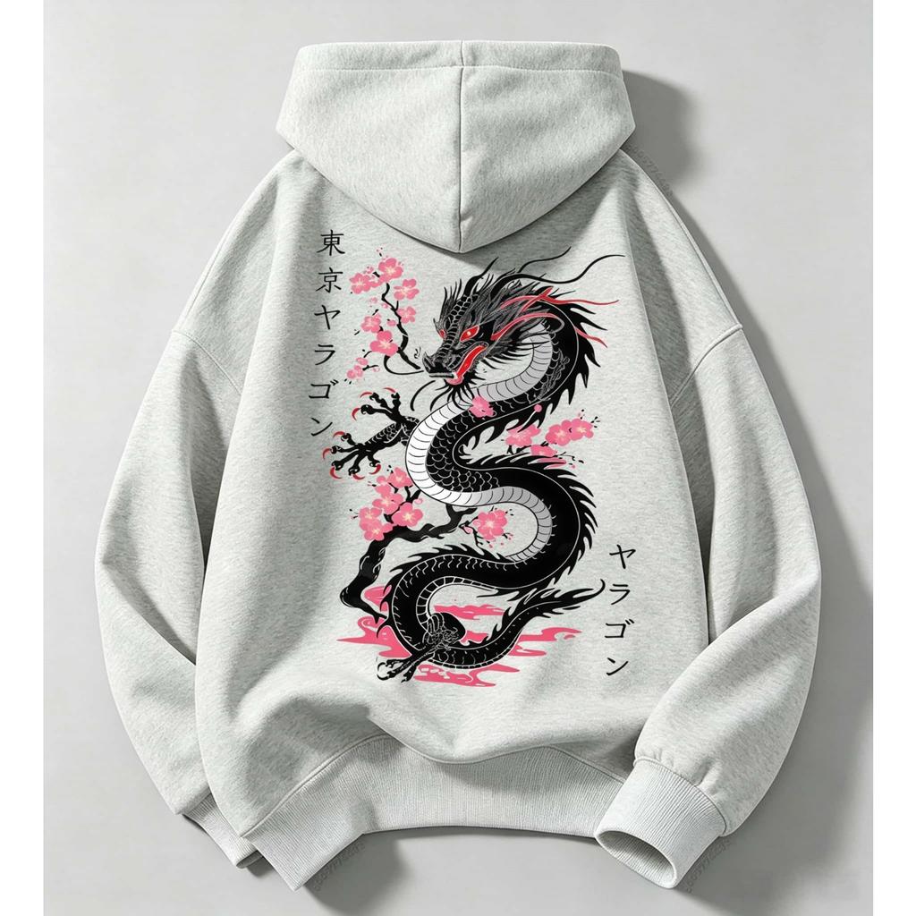 Vintage Japanese Streetwear Kids Hoodie Black Dragon Sakura Cherry Blossom Print Loose Oversized Pullover For Boys Girls
