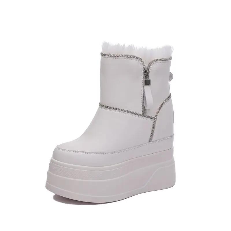 Fashion 12cm Winter Platform Wedge Boots High Heels Plush Moccasins Spring Autumn Women Shoes Booties Genuine Leather Ankle Snow