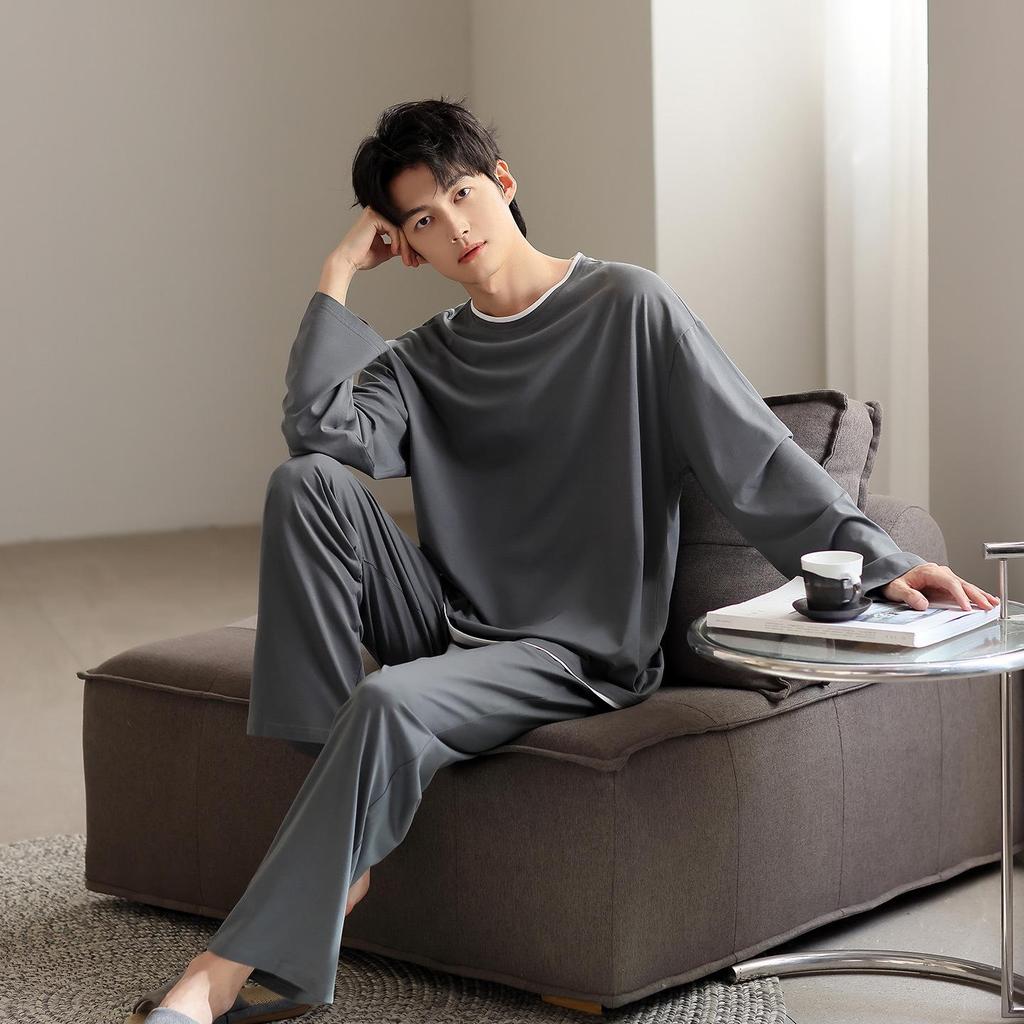 Men's Modal Long Sleeve Pajamas - Casual Spring/Autumn Wear, Teen & Plus Size