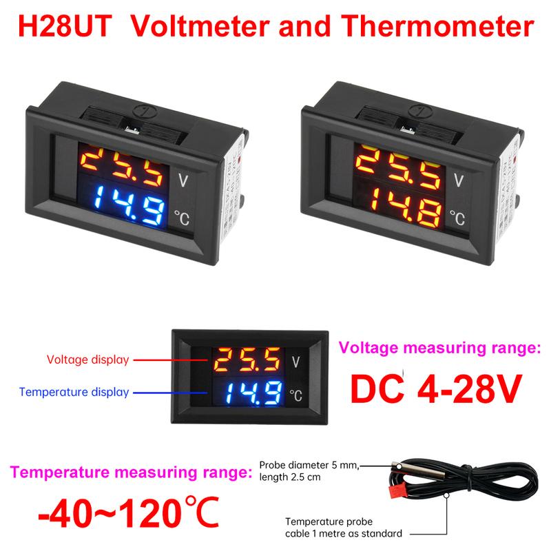 DC4-28V -40~120℃ Digital Voltmeter Thermometer 0.28" LED Display with 1meter NTC 10K Temp Probe for Car, Motorcycle 5V 12V 24V