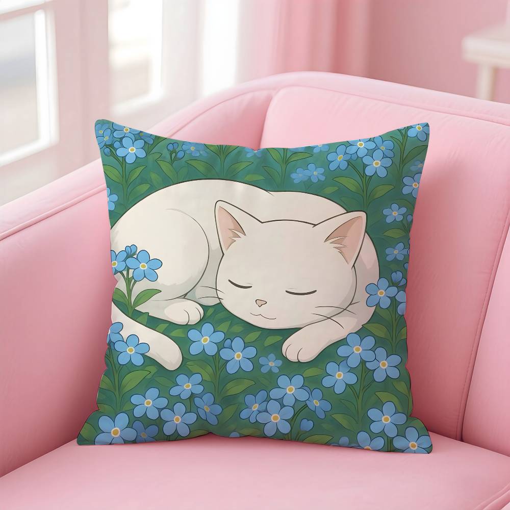 Cat In the Flowers Aesthetic Pillow Case Pattern Printing Pillowcase Living Room Sofa Cushion Cover Bedroom Room Decor