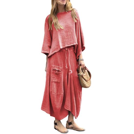 2 Pcs/Set Women Top Skirt Suit Round Neck Three Quarter Sleeve Slant Hem