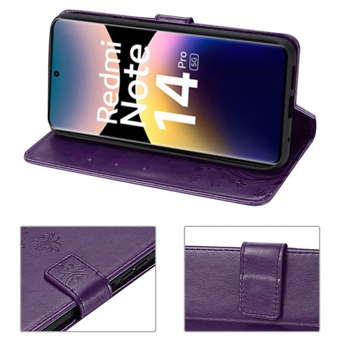 Coque et Verres Trempés Pour Xiaomi Redmi Note 14 Pro 5G - Cuir Synthétique - Motif Papillon - Violet Nuit