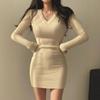 Women's Slimming V-Neck Knitted Sweater Dress - Autumn/Winter, Sexy Slim-Fit, Tight Hip-Hugging Design