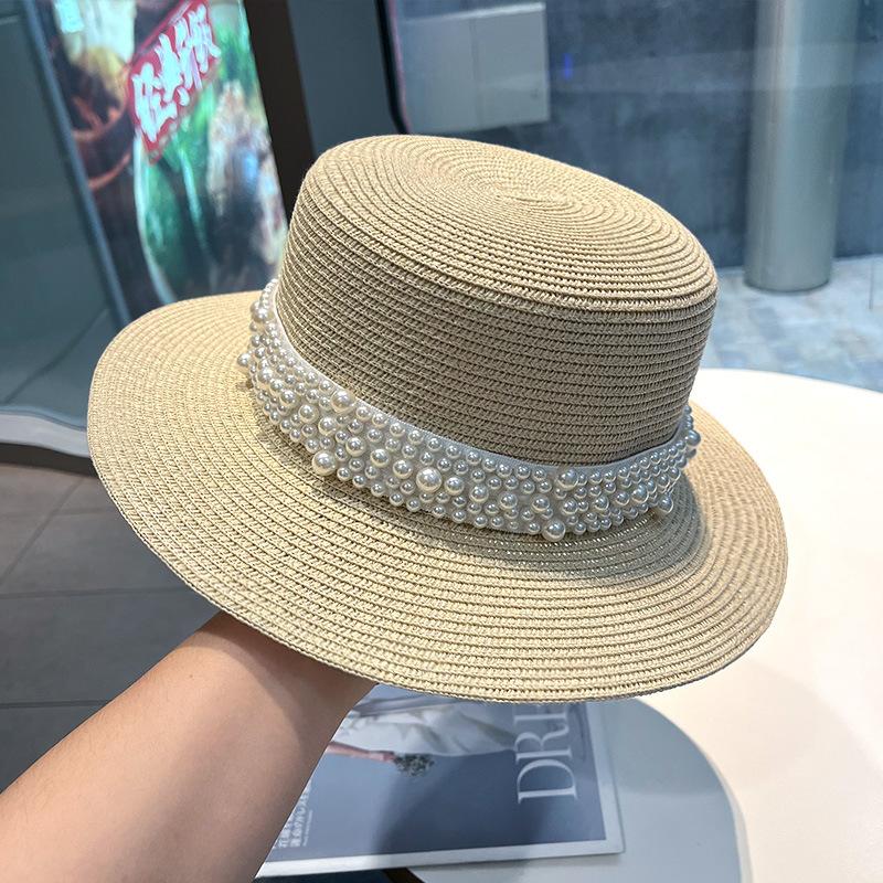 

2023 New Flat Top Straw Hat Pearl Decoration Leisure Summer Sunscreen Hat Women s Fashionable Beach Boater Hat Gifts 56-58CM бежевый
