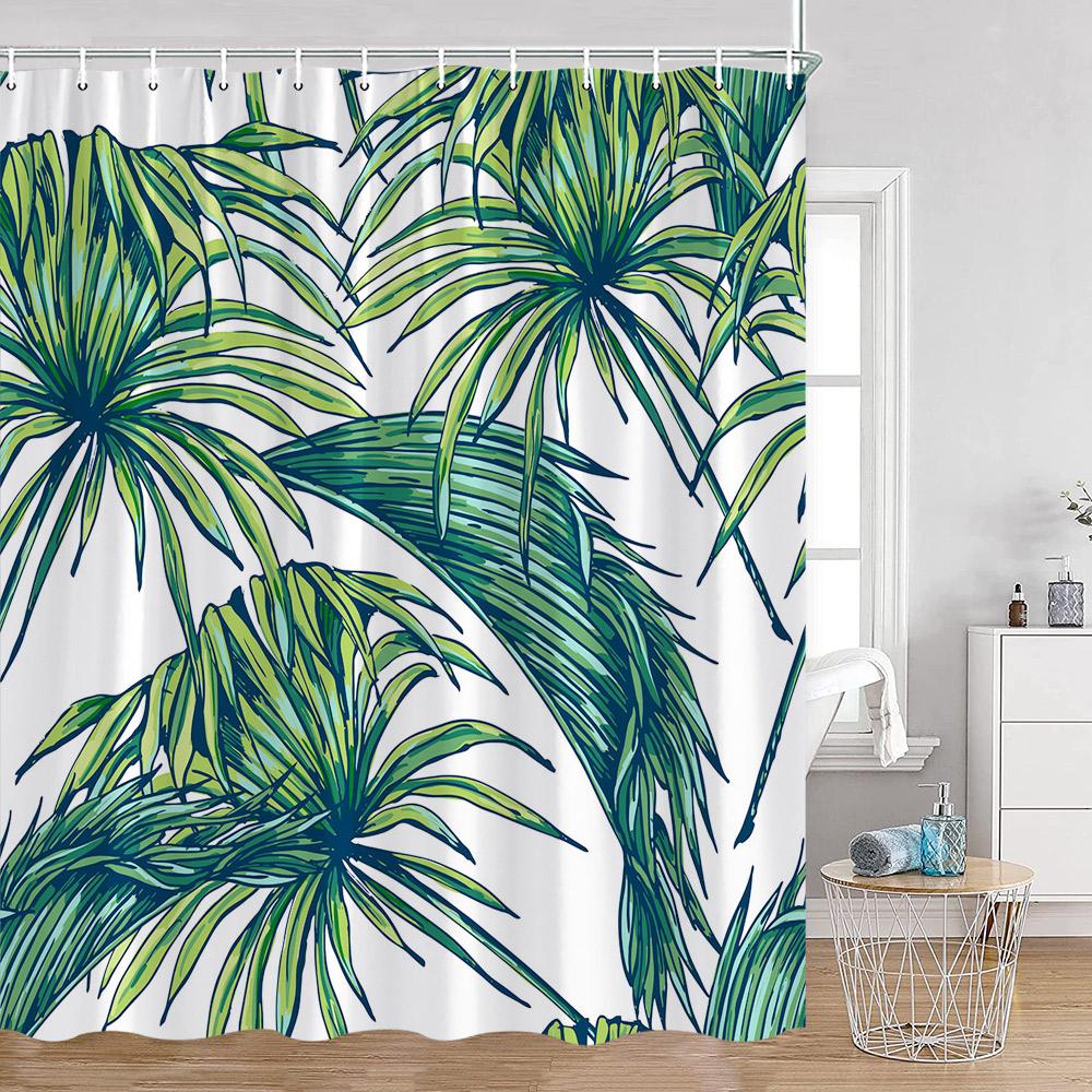 Green Leaves Shower Curtains Monstera Palm Leaf Green Plants Botanical Bathroom Curtain Greenery Bath Deorations with Hooks