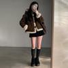 Korea Chic Winter Retro Loose Coat Women Y2k Horn Buckle Fur Brown Lamb Wool Jackets 2000s Long Sleeve Hooded Outerwear Clothes
