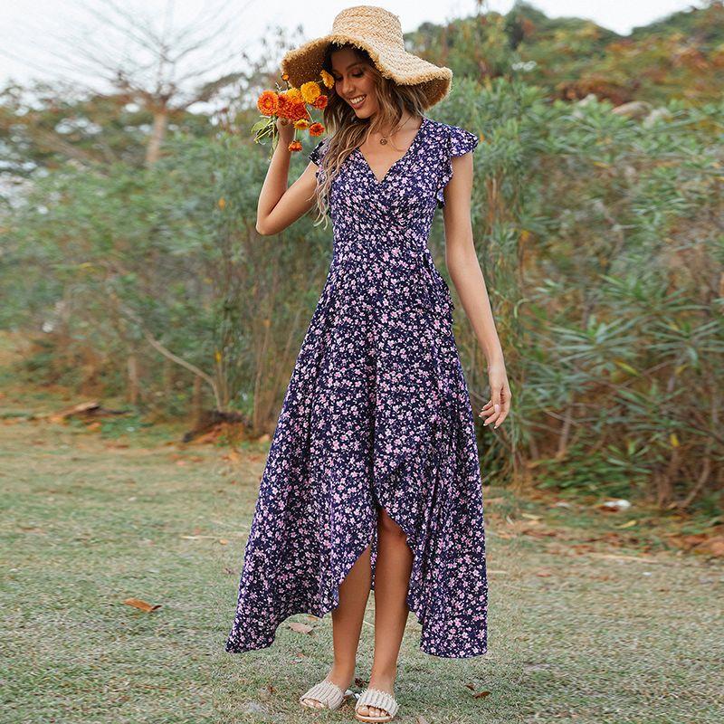 

Bohemia Vacation Style Asymmetrical Short Sleeve Floral Noil Poplin Dress Lace-up Waist-Controlled One Piece Wrap Dress Navy S