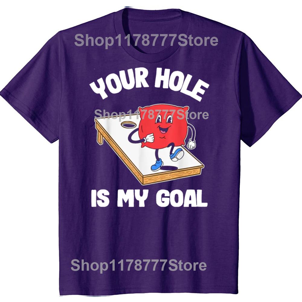 T-shirt drôle 'Your Hole Is My Goal' pour Corn Hole avec des sacs de haricots - Cadeaux d'anniversaire Vêtements pour hommes Mode Décontracté Lâche Surdimensionné