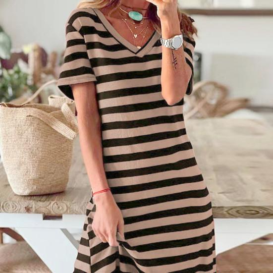 Ženy Letní Midi šaty Boční dělený výstřih do V Krátké rukávy Délka do poloviny lýtek Barevně ladící Slim Fit šaty Dámské oblečení