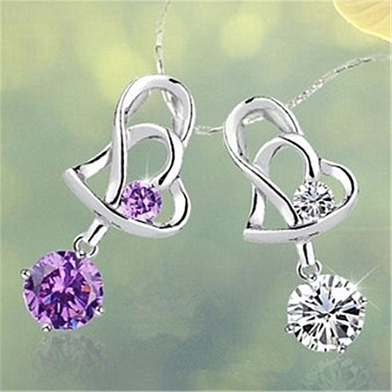 Korean Silver Double Heart Pendant Necklace