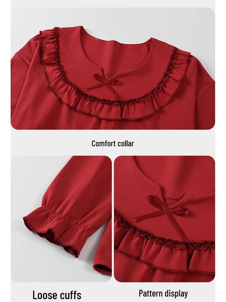 Red Zodiac Cotton Pajamas Set: Long Sleeve & Pants for Couples - Autumn/Winter Wedding & Home Wear
