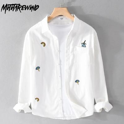 Elegantní vyšívané bílé košile pro muže Jarní a letní streetwear Mládež Nové ležérní topy Košile s dlouhým rukávem z čisté bavlny Pánské oblečení v korejském stylu