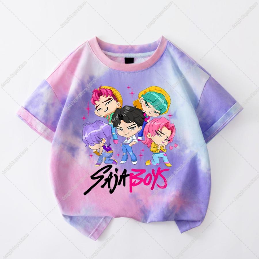 Kawaii KPop Demon Hunters Tie-dye T-shirt Girls Short Sleeve Tops Rumi Mira Zoey Printed Tee Shirts Summer Children's Clothing