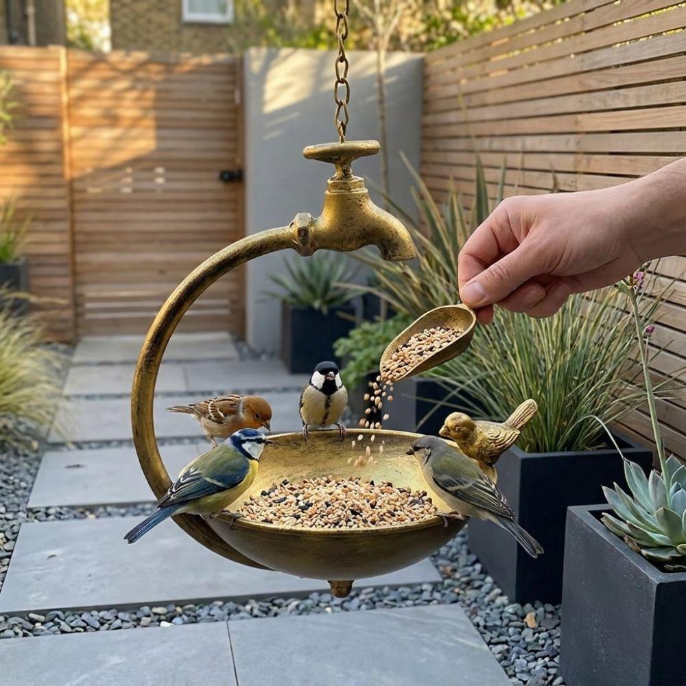 Faucet Design Metal Bird Bath Handcrafted Iron Bird Feeding Bowl Hanging Bird Feeder  Backyard Use