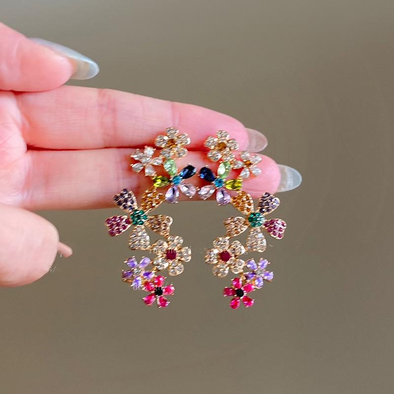 Romantic Colorful Zircon Flower Earrings For Women Girls  Sweet Waterdrop Flower Earrings Exquisite Party Jewelry Gifts