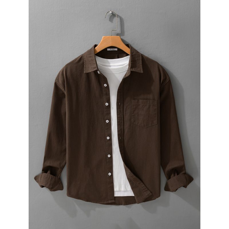 Spring and Autumn Simple Retro Long-Sleeved Shirt Men's Loose Versatile Casual Top Festive Burgundy 100% Pure Cotton