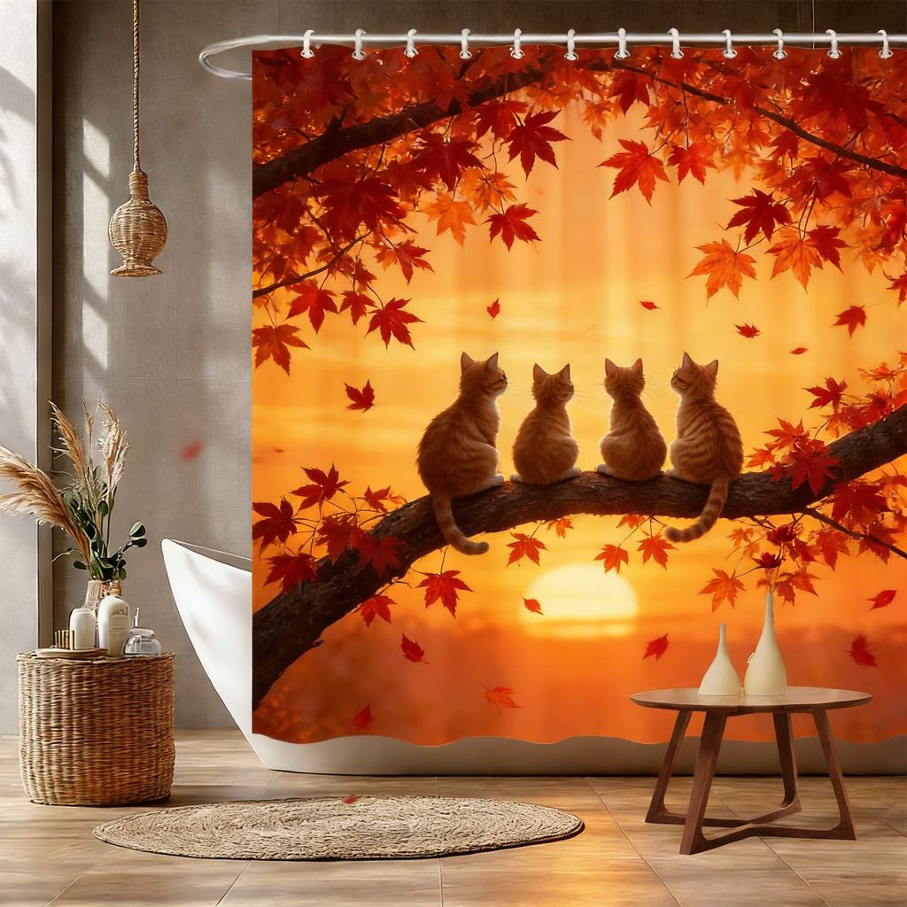 Four White Cats on Magnolia Branch Waterproof Shower Curtain for Bathroom Decor