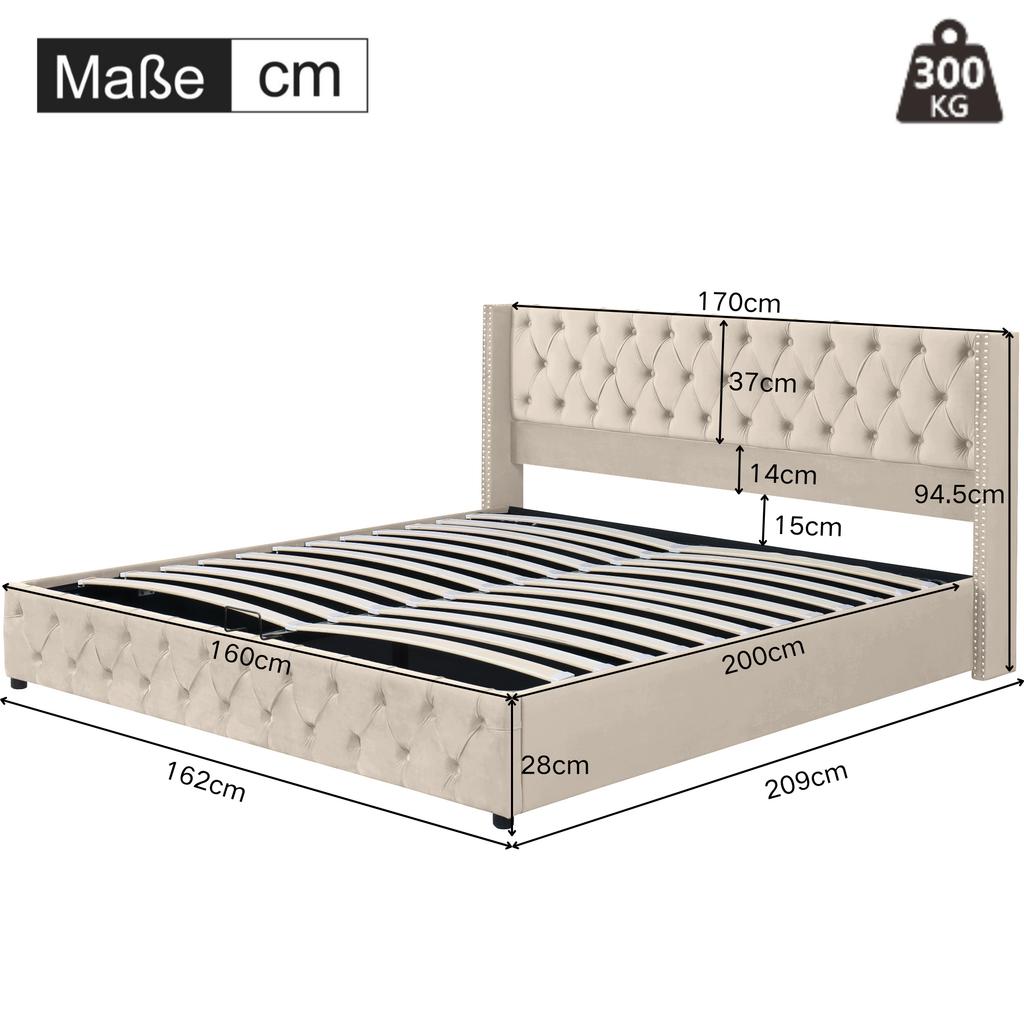 Upholstered Bed Wingback, Double Row of Studs Velvet, Button Stitching Head and Foot End, Double Bed 160*200, Hydraulic Function, Beige