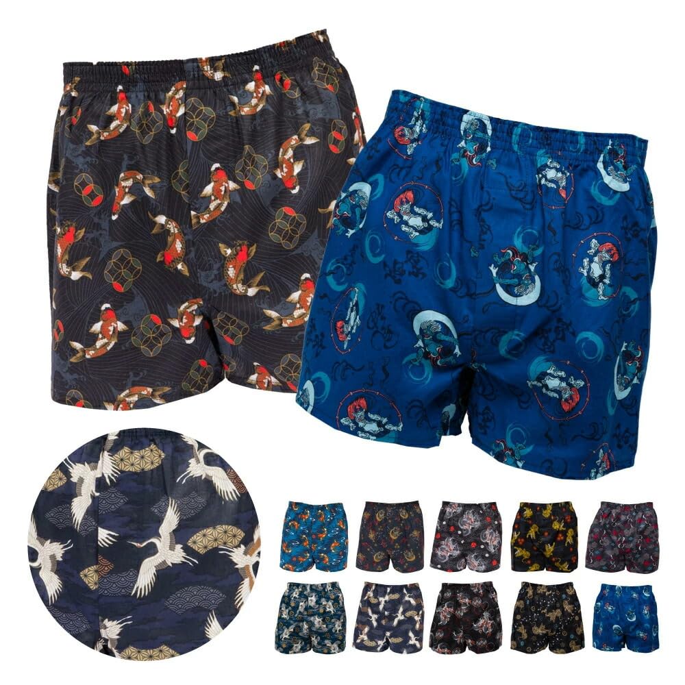 Y's Factory Men's Japanese Pattern Trunks, Random Set of 2, 3, or 4, Front-Opening, 100% Cotton, Sizes M, L, LL, 3L, 4L, and 5L, Large Size, Lucky Bag