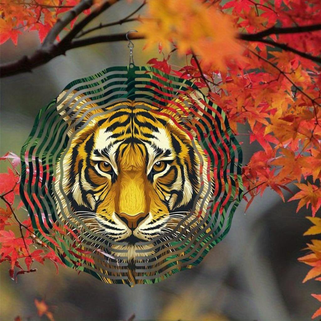 Forest Tiger Pattern Metal Wind Spinner Outdoor Garden Decor 360 Rotating Hook Easy Install No Power Needed Wind Chime for Yard