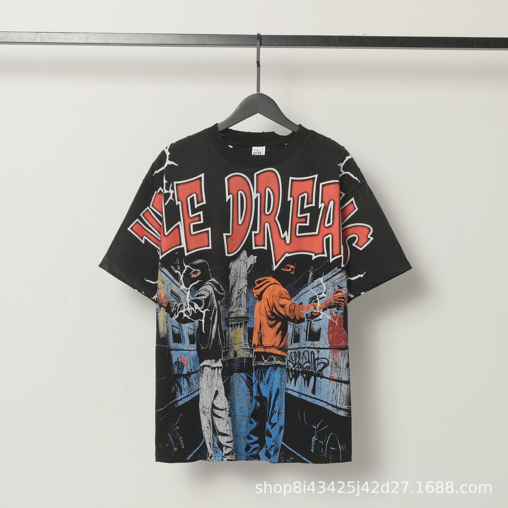 2025 Amerikanische trendige Marke Vall gewaschen alt bedrucktes kurzärmeliges Hip-Hop lockeres Streetwear-T-Shirt für Männer und Frauen