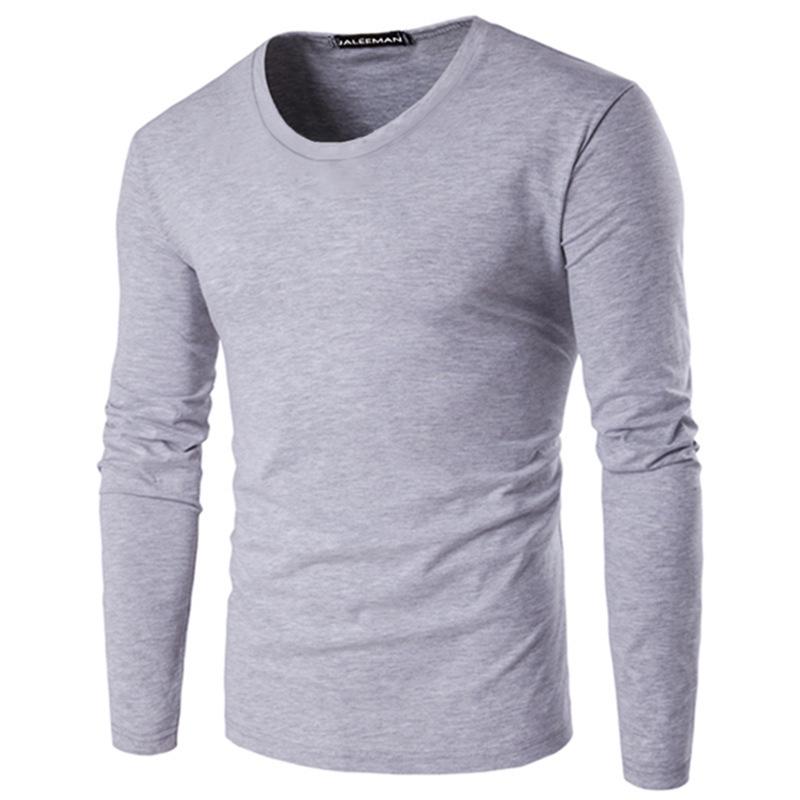 Men's Long-Sleeve Slim Fit Round Neck Cotton T-Shirt - Solid Color Autumn/Winter Collection
