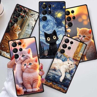 Süße Cartoon-Katzen-Illustration Handyhülle Für Samsung Galaxy S26 S25 S24 S23 S22 S21 S20 Ultra Plus FE 5G Schwarz Weiches TPU
