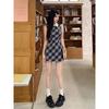 Yarn-dyed Plaid Sleeveless Dress with Brooch, Children's Waist Temperament Design Sense, Pure Desire, Wind Collar Short Skirt, Summer