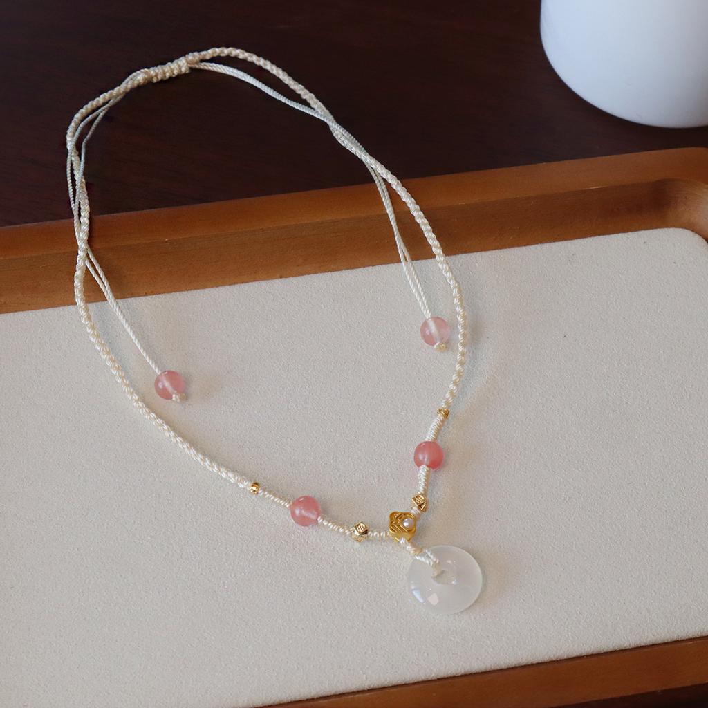Natural Chalcedony Strawberry Crystal Braided Rope Necklace Bangles Women Fashion Jewelry Accessories Gift