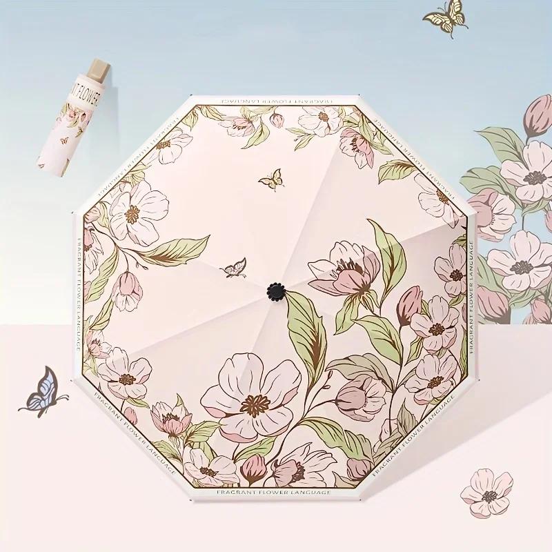 Flower Printed UPF50+ Sun Umbrella Romantic UV Protection Umbrella Vinyl Coating Rain Parasol Sun Shade Folding Umbrellas