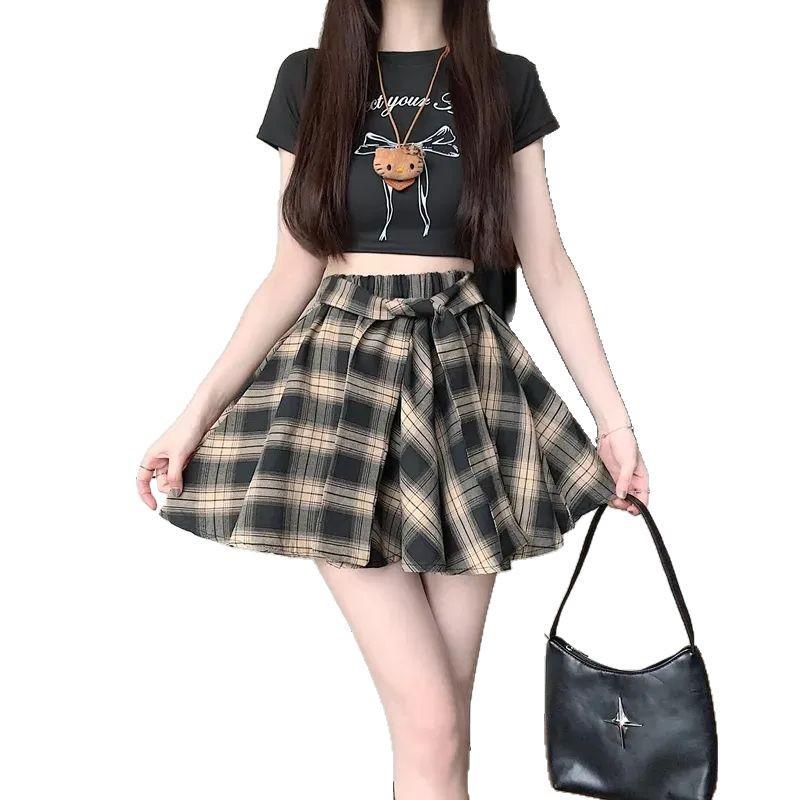 2025 Summer British Retro Plaid High Waist Slimming Midi Skirt for Women