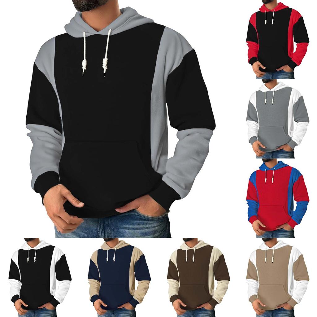 Men's Patchwork Color Block Long Sleeved Casual Hooded Sweatshirt
